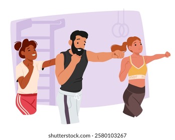 Young women cartoon characters learning self-defense technique with instructor at sport class in fitness gym vector illustration. Beautiful athletic girls doing fighting exercise enjoying training