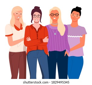 Young women in casual clothes isolated on white background. Cheerful friends girls in glasses. Smiling female characters standing straight. Colleagues team dressed in blouses and jeans portrait