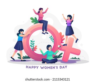 young women celebrate women's day by playing near a big female symbol of gender. International Women's Day concept Flat style vector illustration