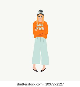 Young women character with sign on t shirt girl power. Feminism concept.
