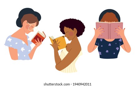 young women characters with books read vector illustration