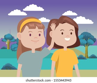 young women characters in the field vector illustration design