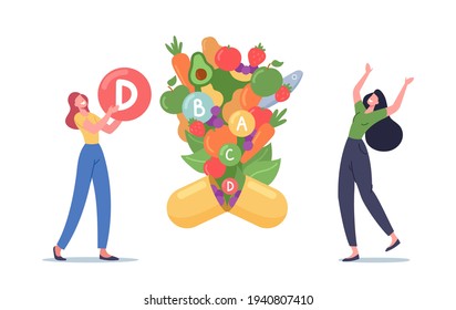 Young Women Characters Holding Huge Ball with Vitamin D Symbol, Healthy Fruits and Veggies Fly Out of Nutritional Supplement Capsule. Healthy Lifestyle and Food. Cartoon People Vector Illustration