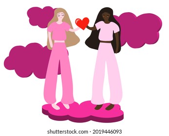 Young women characters holding red heart isolated flat vector illustration. Diversity female together standing on 3d pink cloud, girls power concept. Valentine's day cover poster, banner, social media