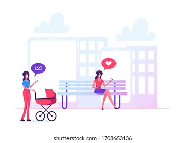 Young Women Characters in Medical Masks Sit on Bench in City Park with Mobile and Walk with Baby Stroller during Covid19 Pandemic. Internet Social Media Networking, Cartoon People Vector Illustration