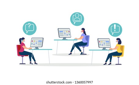 Young Women Characters Wearing Head Set Sitting at Desks with Computer Monitors. Communication Icons. Client Call Service, Social Media Networking, Online Education. Cartoon Flat Vector Illustration