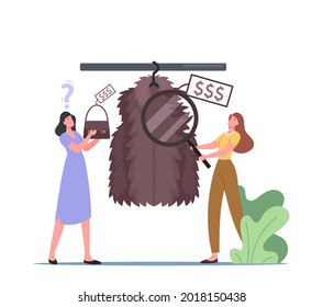 Young Women Choosing Expensive Fashioned Clothes in Store, Rich Buyers Buying New Brand Collection of Garment Fur Coat and Bag, Female Character Shopping Spare Time. Cartoon People Vector Illustration