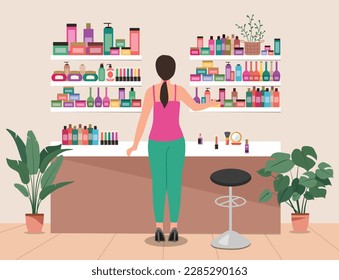 Young women choosing natural cosmetics and eco products in store. cosmetics store interior view vector illustration.