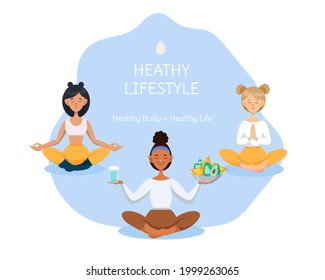 Young women with closed eyes sit in the lotus position and meditate, do yoga. The concept of a healthy lifestyle. Vector illustration for a poster, banner, advertisement