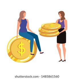 young women with coins dollars characters