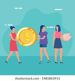 young women with coins dollars characters