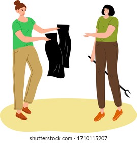 Young women collecting and packing garbage in black bags vector illustration