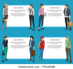 Young women collection of isolated vector illustrations on blue background. White squares with text. Cartoon style casually-dressed ladies