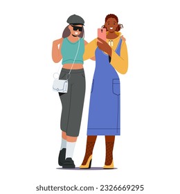 Pareja De Mujeres Jóvenes Capturando Selfie, Radiando Alegría. Las Sonrisas Genuinas De Los Personajes Y El Momento Compartido Encapsula Su Conexión Y La Belleza De Su Relación. Ilustración de vectores de personas de caricatura