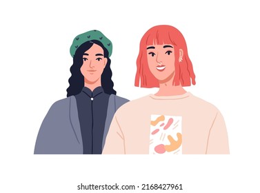 Young women couple, face portrait. Happy smiling girlfriends together. Modern fashion girls friends, sisters. Two pretty trendy people. Colored flat vector illustration isolated on white background