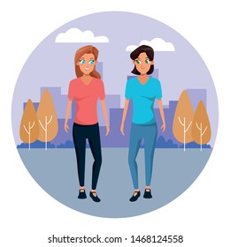 Young women couple smiiling and walking cartoon in the city park with cityscape background vector illustration graphic design