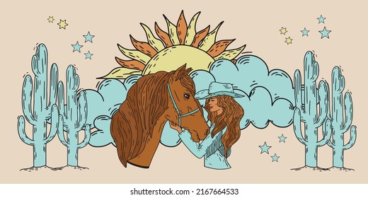 Mujeres jóvenes con sombrero de vaquero. Chica vaquera. Ilustraciones de Vector de color dibujadas a mano. 