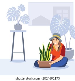 young women cutting plant in house, cartoon, bundle vector illustration. character in different position.