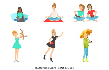 Young Women Daily Routines Set, Girls Working with Laptop, Meditating, Playing Computer Games, Playing with Dog, Working with Umbrella Vector Illustration