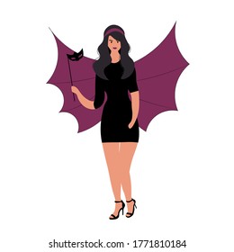 Young women dancing in black dress with violet wings . Female character in bat costume. Masquerade on halloween party. Vector illustration in flat style. 