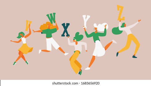 Young women dancing with english capital letters V W X Y Z. Concept educational illustration.