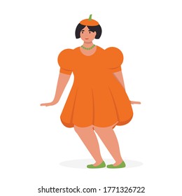 Mujeres jóvenes bailando con vestido naranja. Personaje femenino con disfraz de calabaza. Mascarada en la fiesta de halloween. Ilustración vectorial en estilo plano. 