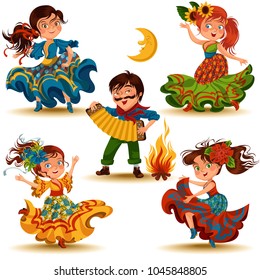 Young women dancing salsa on summer festivals celebrated in Brazil Festa Junina, traditional fiesta dance, holiday party dancers, festive people carnaval concept vector illustration