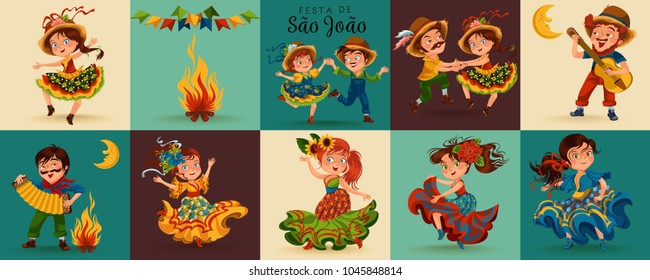 Young women dancing salsa on festivals celebrated in Brazil Festa Junina, man play on sanfona near bonfire traditional fiesta dance, holiday party dancer, festive people carnaval vector illustration