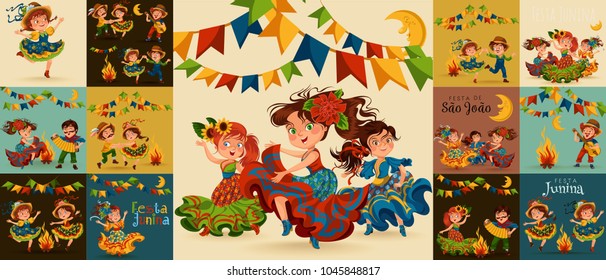 Young women dancing salsa on festivals celebrated in Brazil Festa Junina, man play on sanfona near bonfire traditional fiesta dance, holiday party dancer, festive people carnaval vector illustration