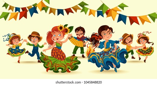 Young women dancing salsa on festivals celebrated in Portugal Festa de Sao Joao, girl wear flower in head traditional fiesta dance, holiday party dancer, festive people carnaval vector illustration