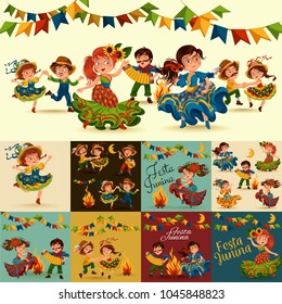 Young women dancing salsa on festivals celebrated in Portugal Festa de Sao Joao, girls in straw hats traditional fiesta dance, holiday party dancer, festive people carnaval vector illustration