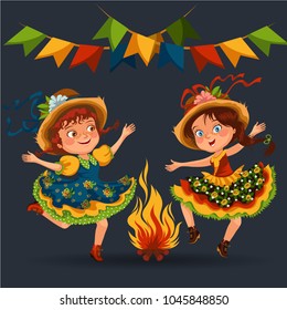 Young women dancing salsa on festivals celebrated in Portugal Festa de Sao Joao, girl in straw hat traditional fiesta dance, holiday party dancer, festive people carnaval vector illustration