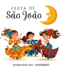 Young women dancing salsa on festivals celebrated in Portugal Festa de Sao Joao, girls wear flowers in hair traditional fiesta dance, holiday party dancer, festive people carnaval vector illustration