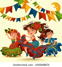 Young women dancing salsa on festivals celebrated in Portugal Festa de Sao Joao, traditional fiesta dance, holiday party dancers, festive people carnaval vector illustration