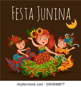 Young women dancing salsa on festivals celebrated in Brazil Festa Junina, girls wear flowers in head traditional fiesta dance, holiday party dancer, festive people carnaval vector illustration