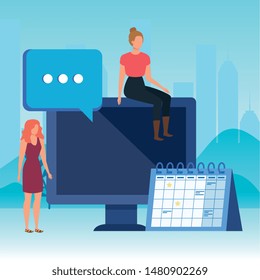 young women with desktop characters