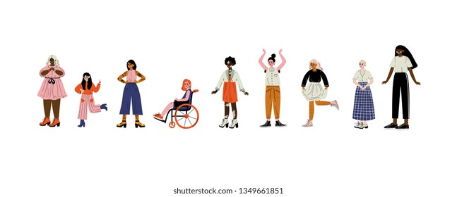 Young Women of Different Appearances Set, Female Characters Loving Their Body, Self Acceptance, Beauty Diversity, Body Positive Vector Illustration