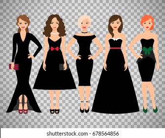 Young women in different black dresses vector illustration. Black fashion female model portrait isolated on transparent background