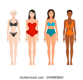 Young women with different body types, skin and hair color. Girls of different races in fashionable swimsuits. Vector illustration in cartoon style. Bodypositive. Diversity.