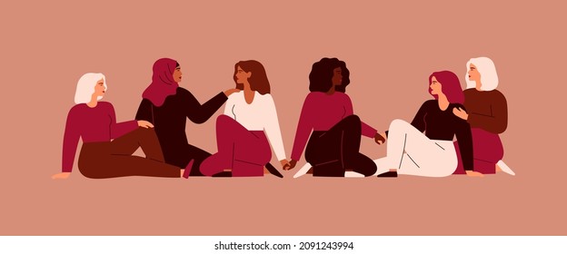 Young women of different ethnicities and cultures sit side by side together and hold hands. Strong and brave girls support each other for Women's day. Sisterhood and females friendship. Vector