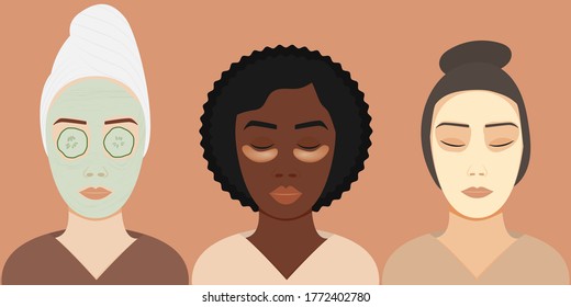 Young women of different ethnicity do cosmetic spa procedures for face skin. Apply face masks, cucumbers on eyes, eye patches, cream and other luxurious skin care routine.