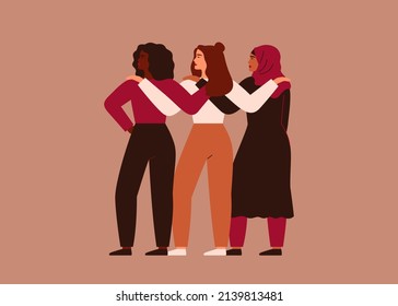 Young women of different ethnicity has their arms around each other's shoulders. Strong and brave girls support and protect one another. Feminism and females friendship poster. Vector illustration