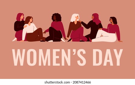 Young women of different ethnicity hold hands together. Women's day card with Strong and brave girls support each other. Sisterhood and females friendship poster. Vector illustration