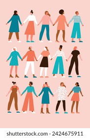 Young women of different ethnicity hold hands together. Strong and brave females support each other. Sisterhood and helpeness poster. Vector illustration