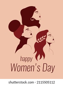 Young women of different ethnicity look forward together. International Women's day card with Strong and brave girls support each other. Sisterhood and females friendship poster. Vector illustration