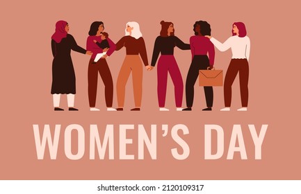 Young women of different ethnicity and professions hold hands together. Women's day card with Strong and brave females support each other. Sisterhood and helpeness poster. Vector illustration