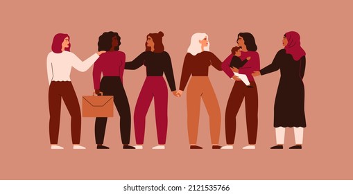 Young women of different ethnicity and professions hold hands together. Strong and brave females support each other. Sisterhood and helpeness poster. Vector illustration