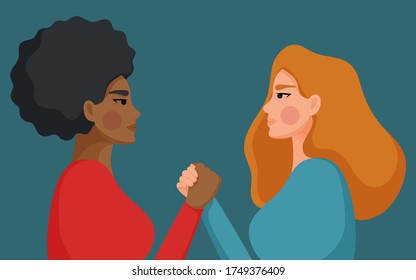 Young women of different nationalities and cultures. 
Concept of racism, discrimination, feminism, independence, equality. Vector illustration.