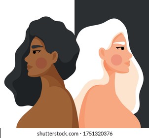 Young women of different nationalities and cultures. 
Concept of racism, discrimination, feminism, independence, equality. Vector illustration.