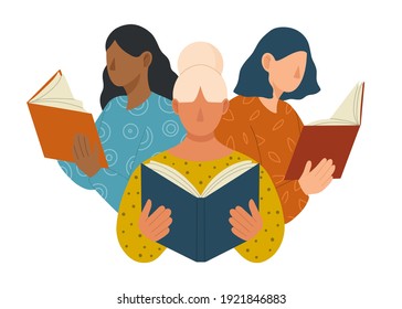 Young women different nationalities and cultures reading books. Book lovers, fans of literature. Concept of Book Week or World Book Day. Flat vector illustration isolated on white background.